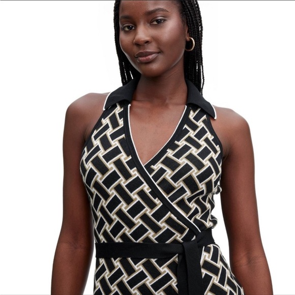 DVF Women's Collared Sleeveless Weave Neutral Sweaterknit Midi Wrap Dress - Picture 3 of 7